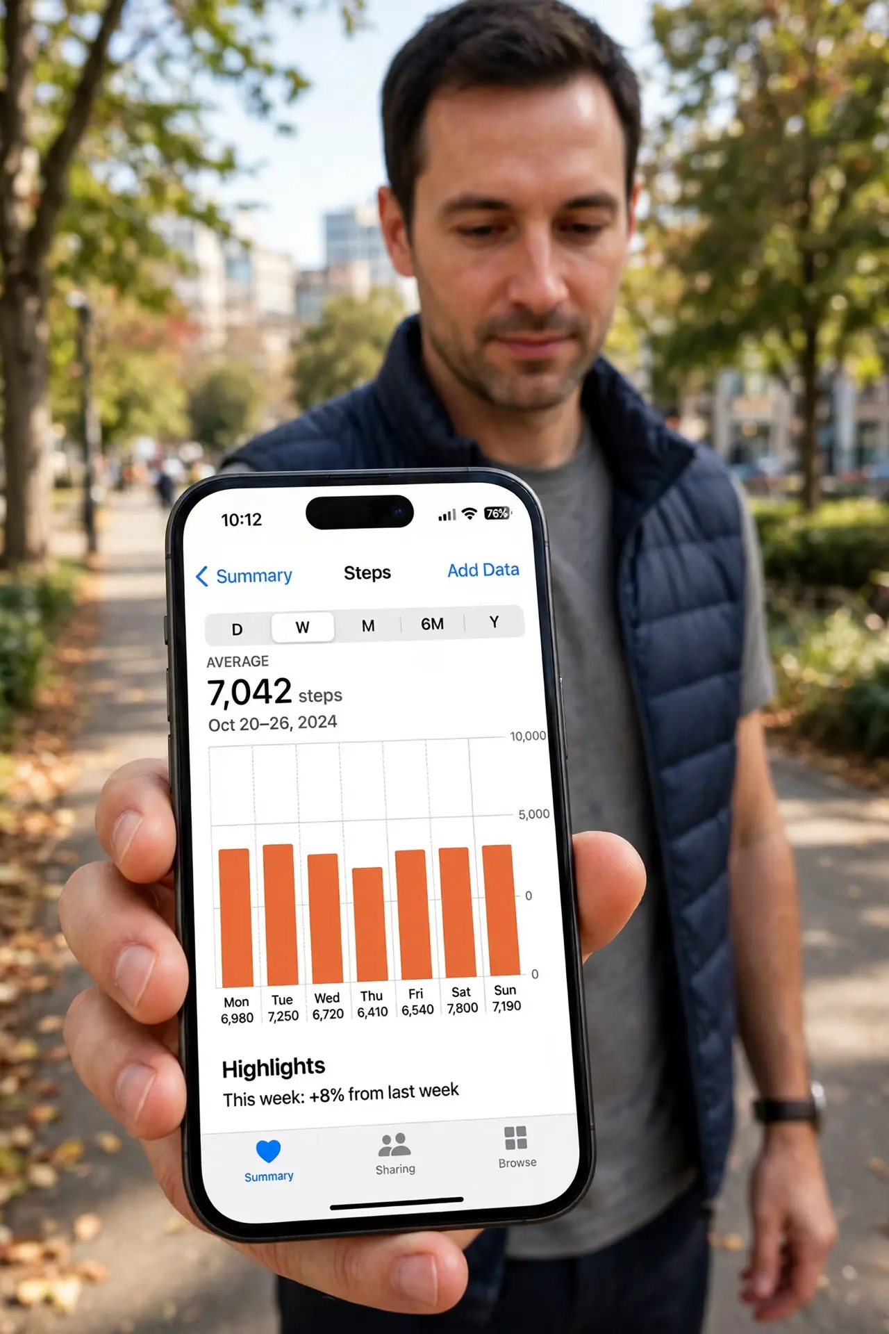 Photorealistic photo: A calm adult walking outdoors holding an iPhone, the real iPhone screen showing the Health app Steps chart with daily bars legible.