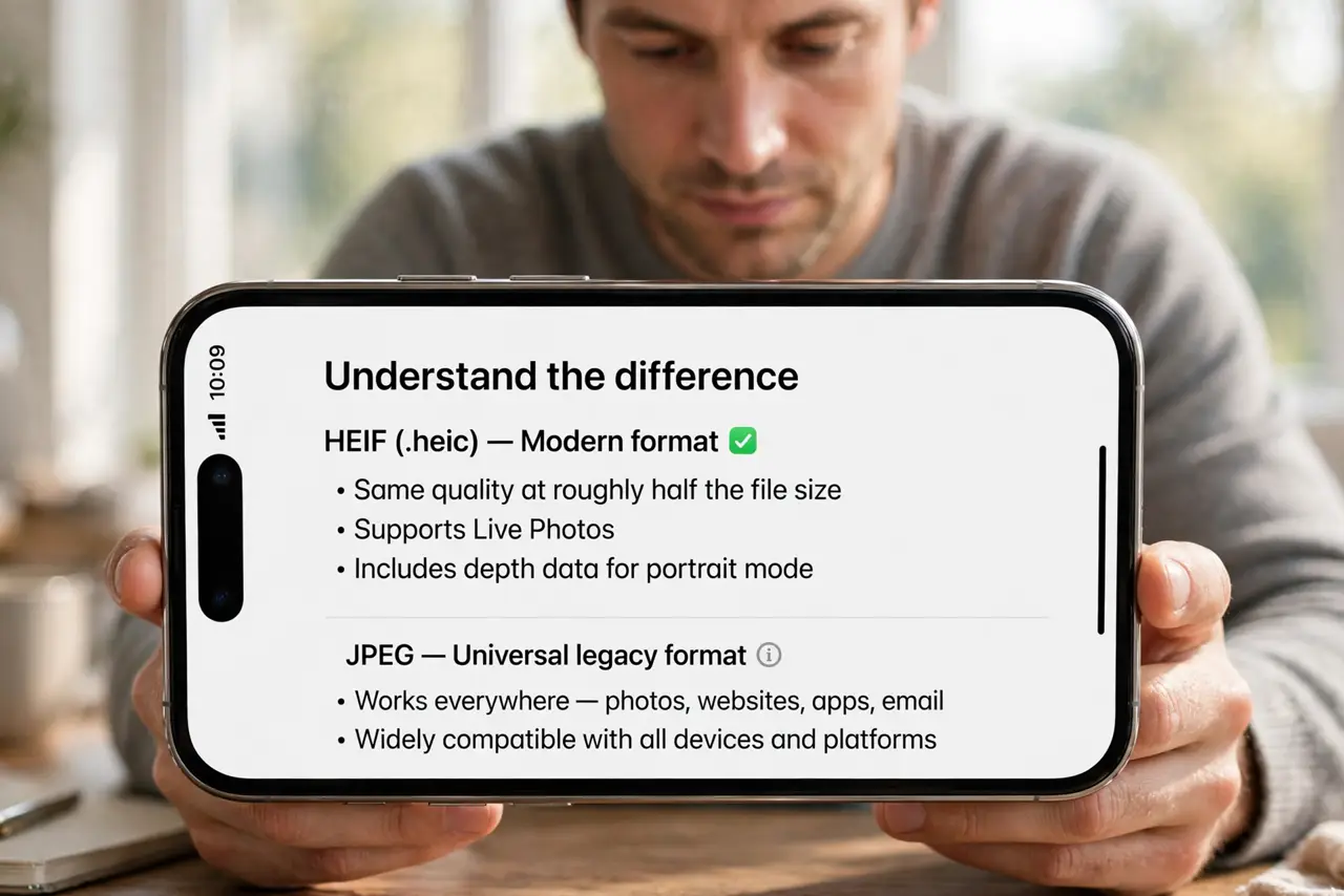A person performing the first step of the guide: Understand the difference. HEIF (.heic) is the modern format: same quality at roughly half the file size, plus.