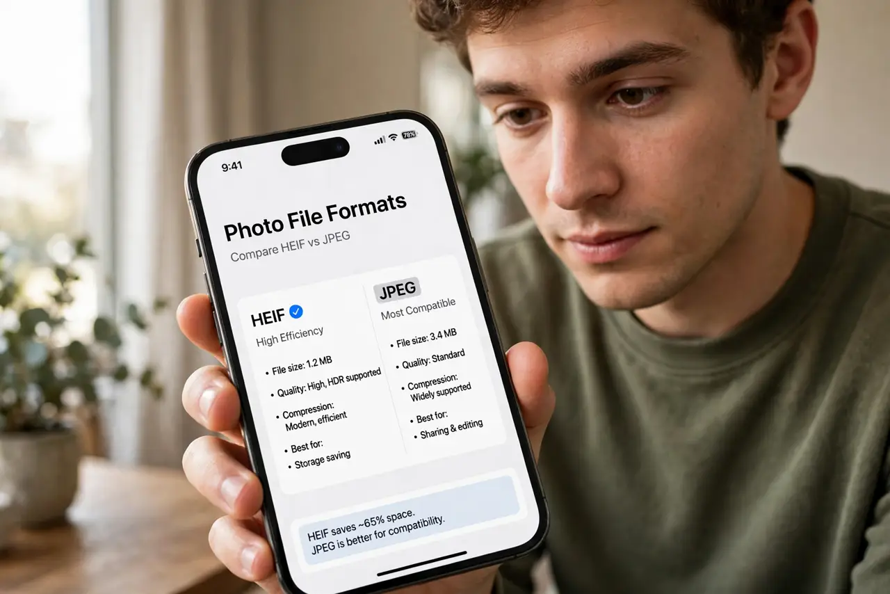 A person comparing photo file formats on a real iPhone screen with legible HEIF and JPEG labels, the person's face curious, indoors. No black screen.