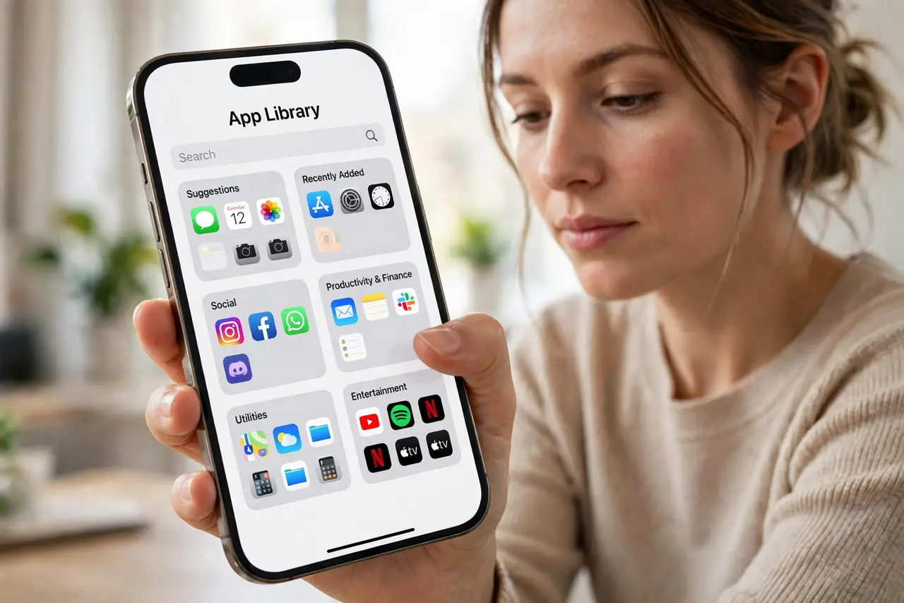 A person performing step 1: Swipe to the App Library.