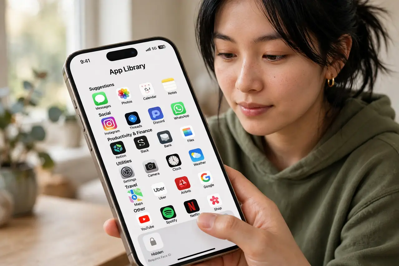 A person scrolling to the bottom of the App Library on a real iPhone, the locked Hidden folder icon fully legible, the person's face calm and curious.