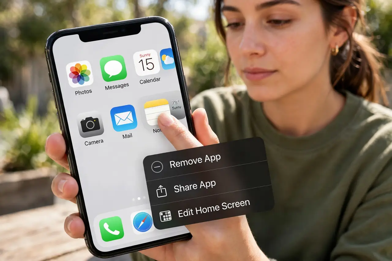 A person performing the guide's first step: Long-press the app icon. On the home screen, press and hold the app you want to hide until the quick menu appears. This works for most…