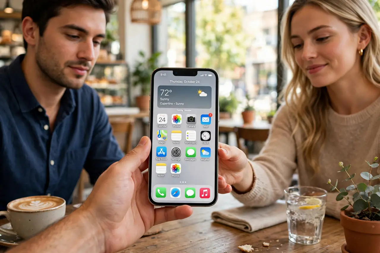A person handing a real iPhone to a friend across a cafe table, the phone screen showing a clean home screen with no sensitive apps visible, both people relaxed, daylight.