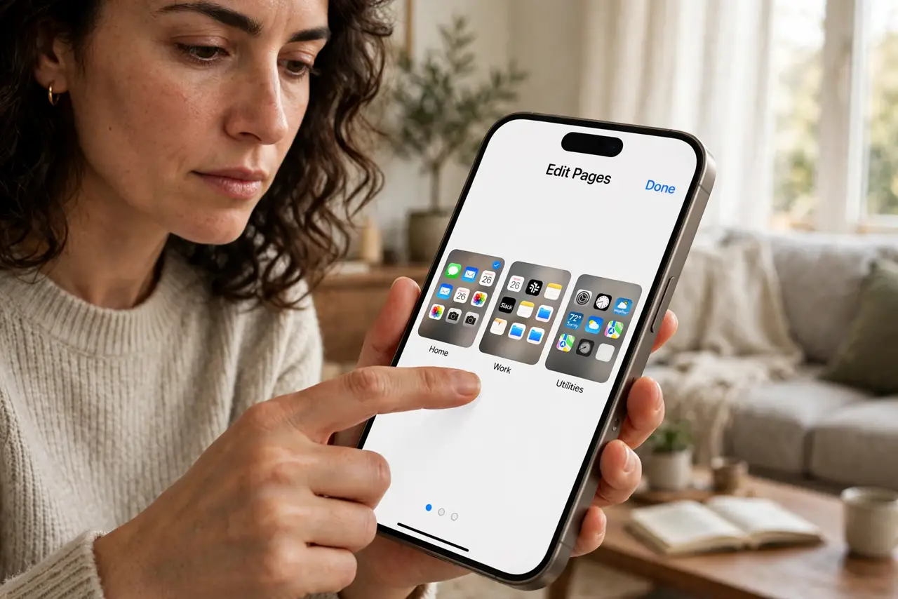 a person long-pressing a real iPhone home screen showing the page dots selector with legible page thumbnails, the person's face decisive, living room.
