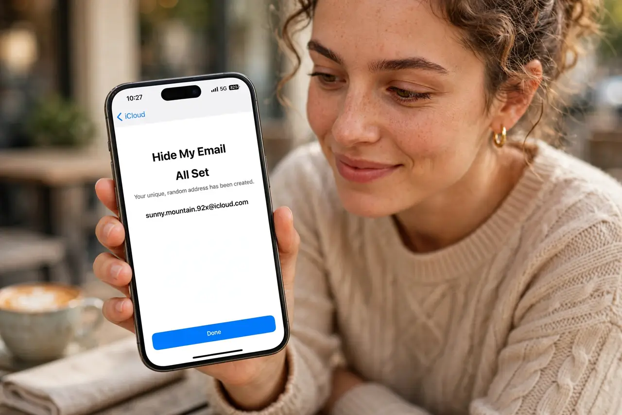 A person creating a new random email alias on a real iPhone, the Hide My Email screen showing a generated address fully legible, the person's face focused and pleased.