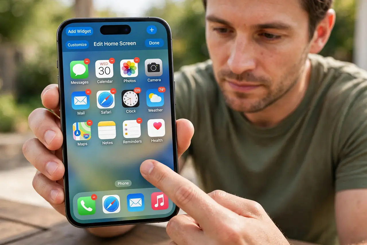 A Whole Home Screen Page Goes Hidden — step 1 being performed on the device.