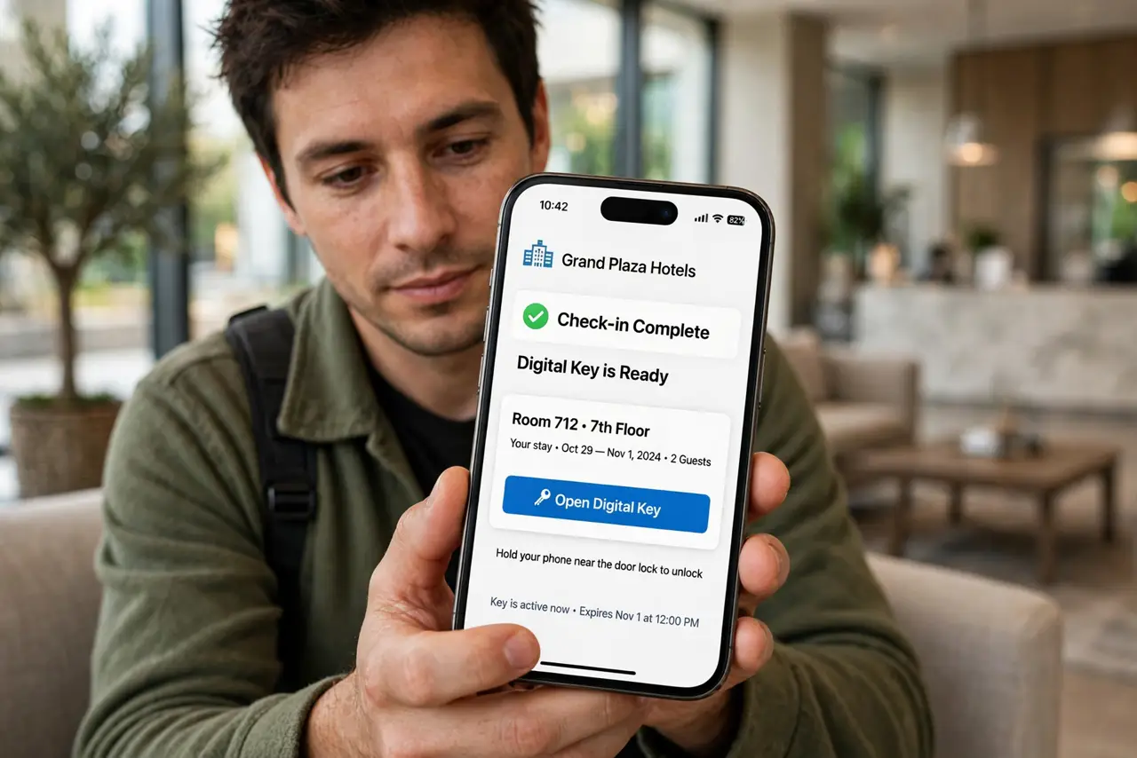 A person performing the first step of the guide: Check in on the hotel's app. Digital keys come from the hotel chain's own app (major chains support this.