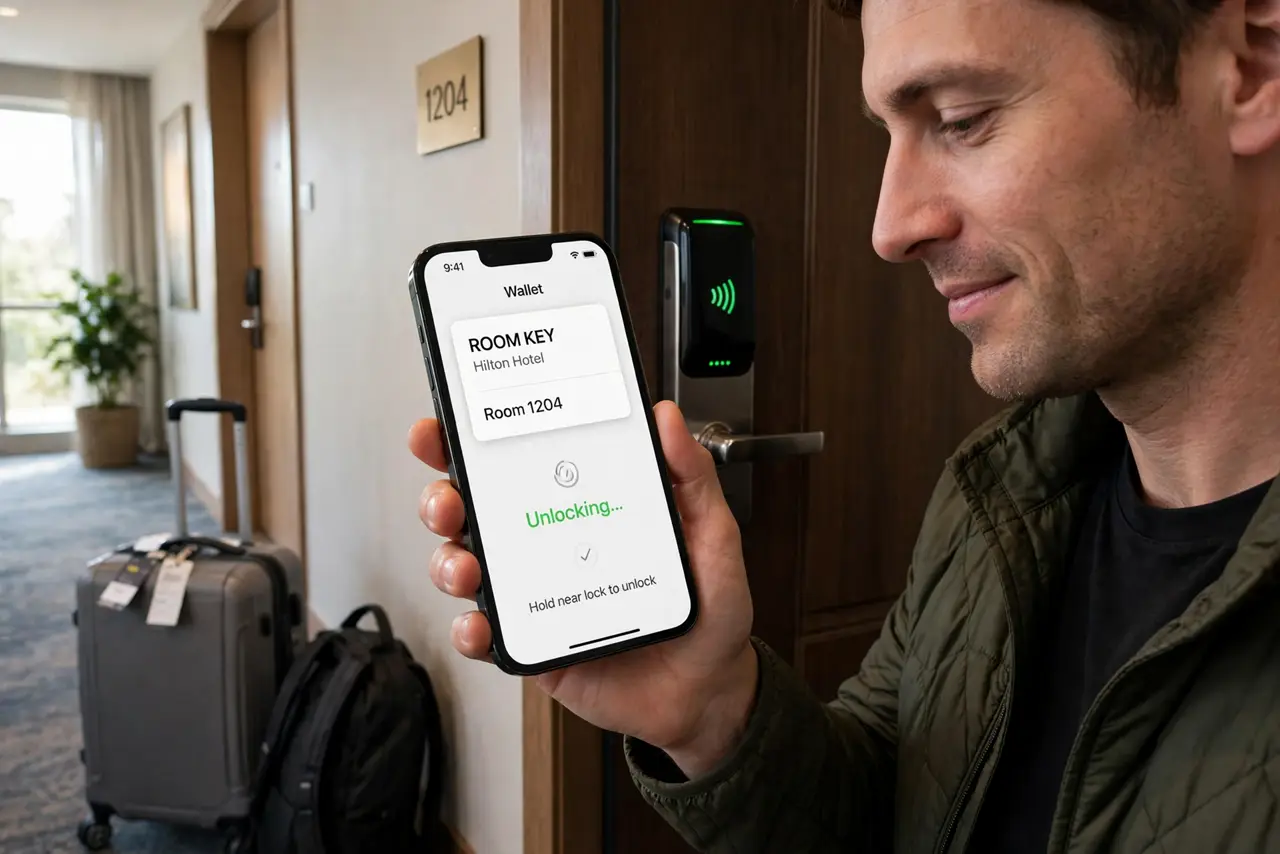 A person tapping a real iPhone on a real hotel door lock reader, the tap in progress, luggage visible beside them, the person's face relieved, hotel.