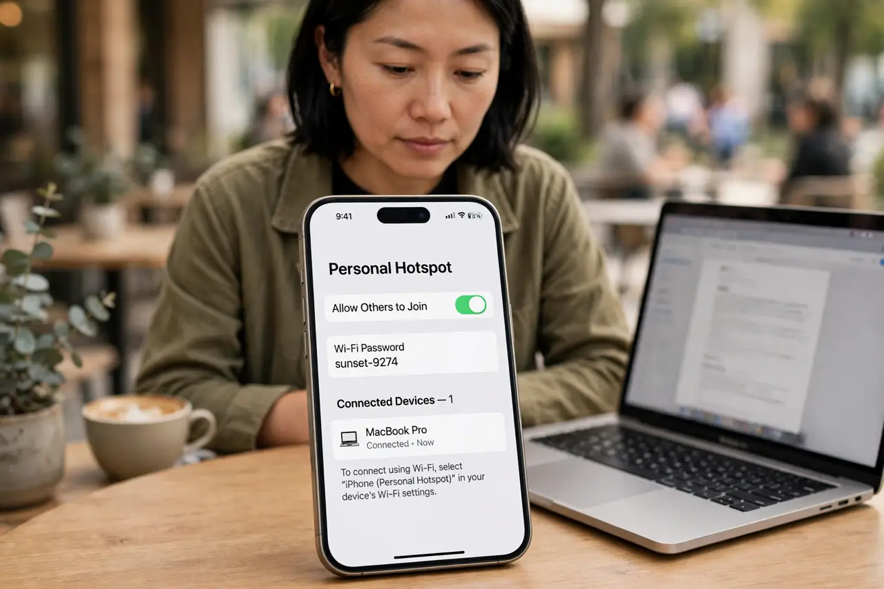 iPhone Hotspot Drops Connected Devices — a calm adult at a café table with a real iPhone showing the Personal Hotspot screen with connected devices lis