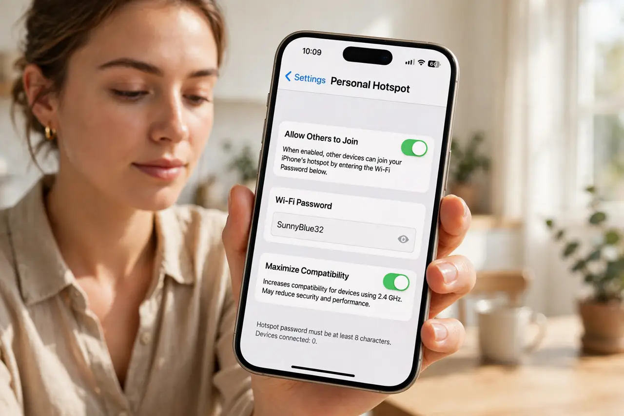 Photoreal photo of a person performing the first step: Open the hotspot settings. Settings, then Personal Hotspot -- or Settings, then Cellular, then