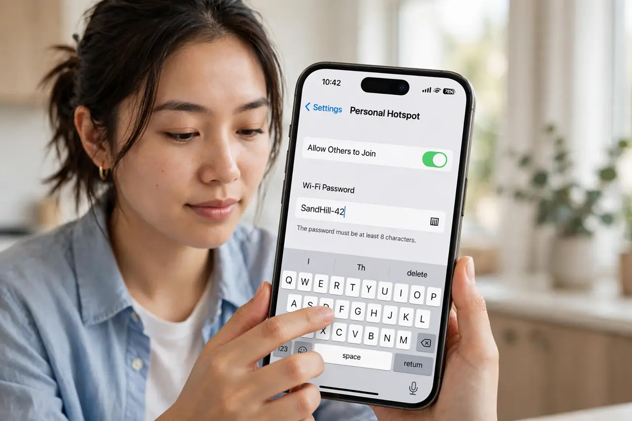 Photoreal photo: a person changing the hotspot password on a real iPhone showing the legible Personal Hotspot settings screen, the person's face calm and focused, bright room. No black screen, no blank white screen, no fake or garbled