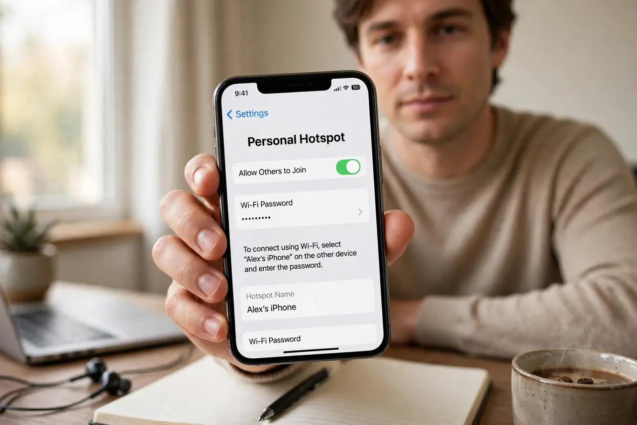 Photorealistic photo: A calm adult at a desk holding an iPhone toward the viewer, the real iPhone screen showing Settings, Personal Hotspot, with Allow Others to Join on and the hotspot name legible.