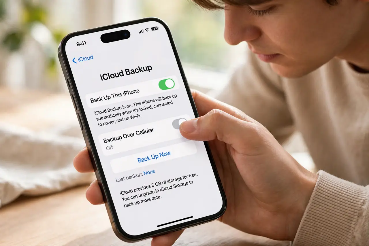 A person carrying out step one: turn on icloud backup.
