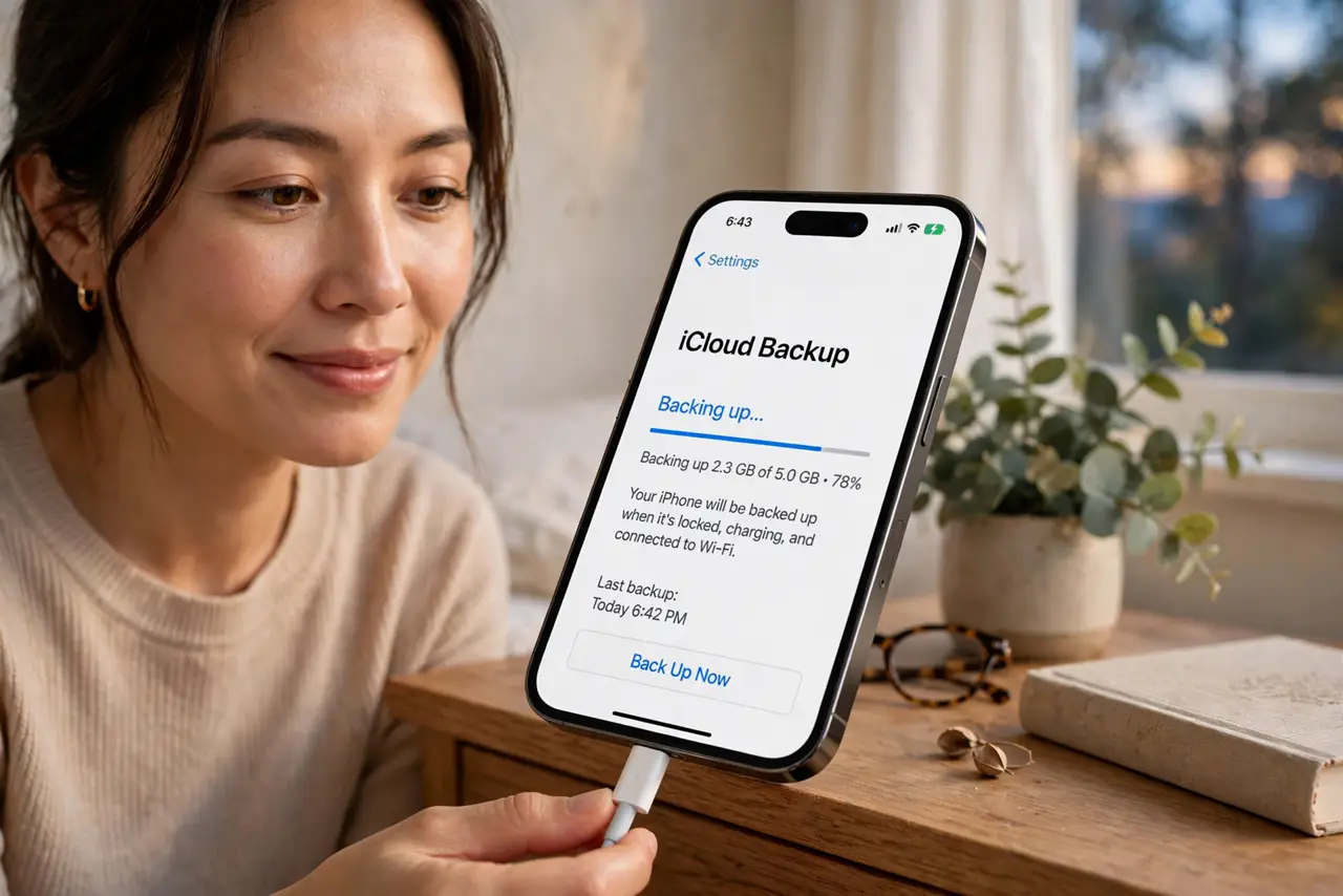 A woman plugging an iPhone into a charger on a nightstand, the screen showing iCloud Backup in progress with legible text, bedroom evening, her face reassured.
