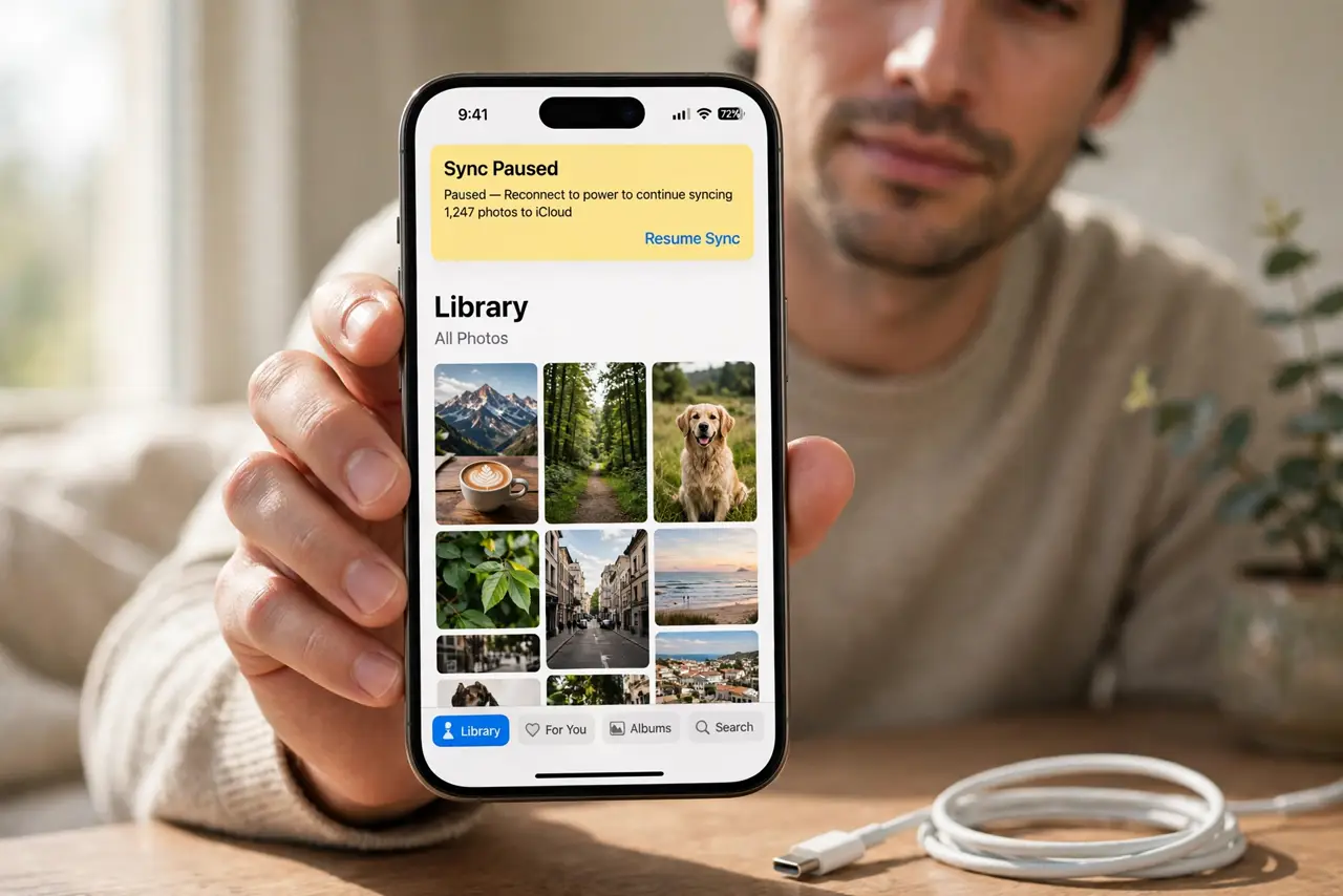 iCloud Photos Pauses on Low Battery Only — photo showing the situation described in the guide.