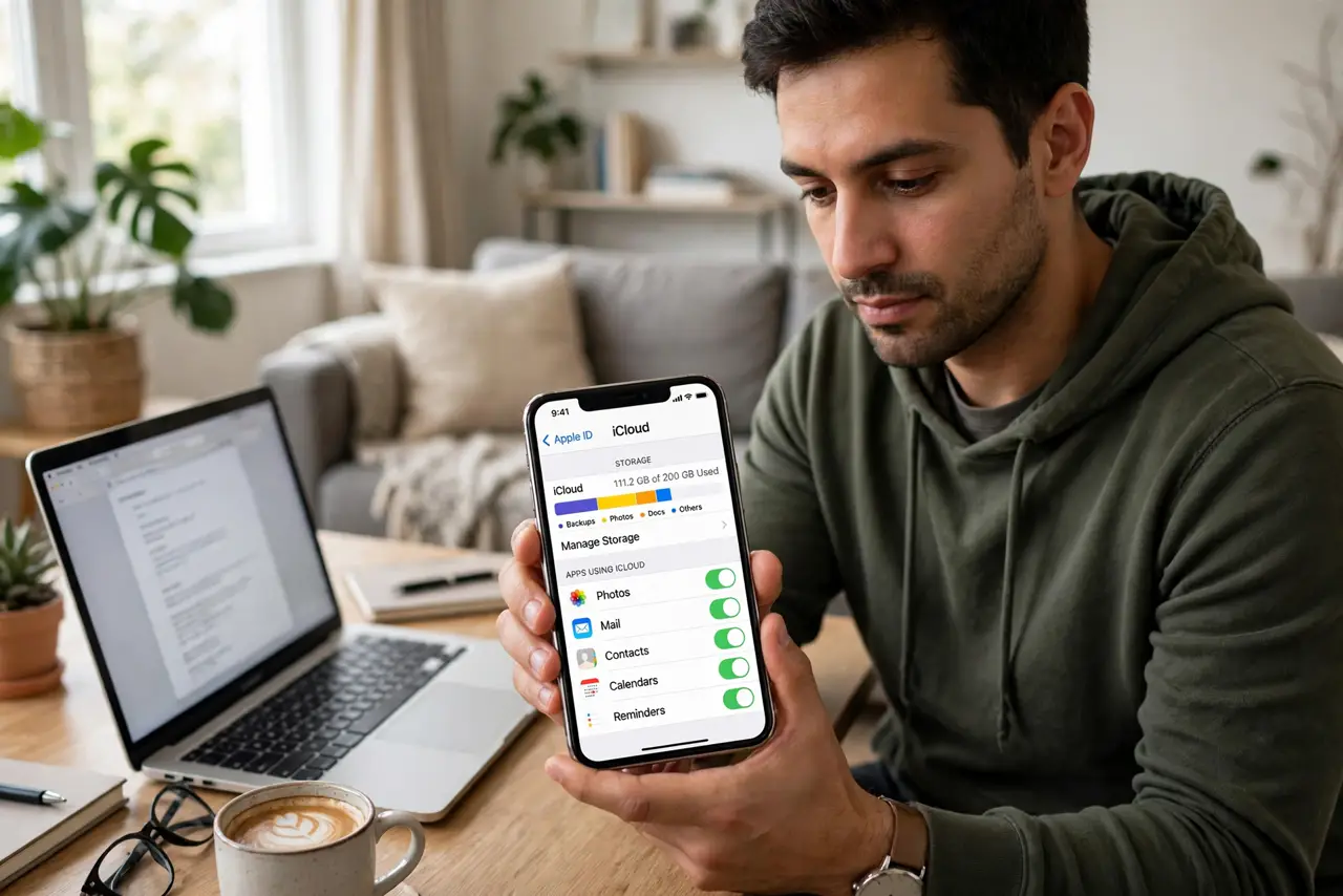 a person holding a real iPhone showing iCloud storage settings with legible bars, a laptop beside it, the person's face thoughtful, living room.