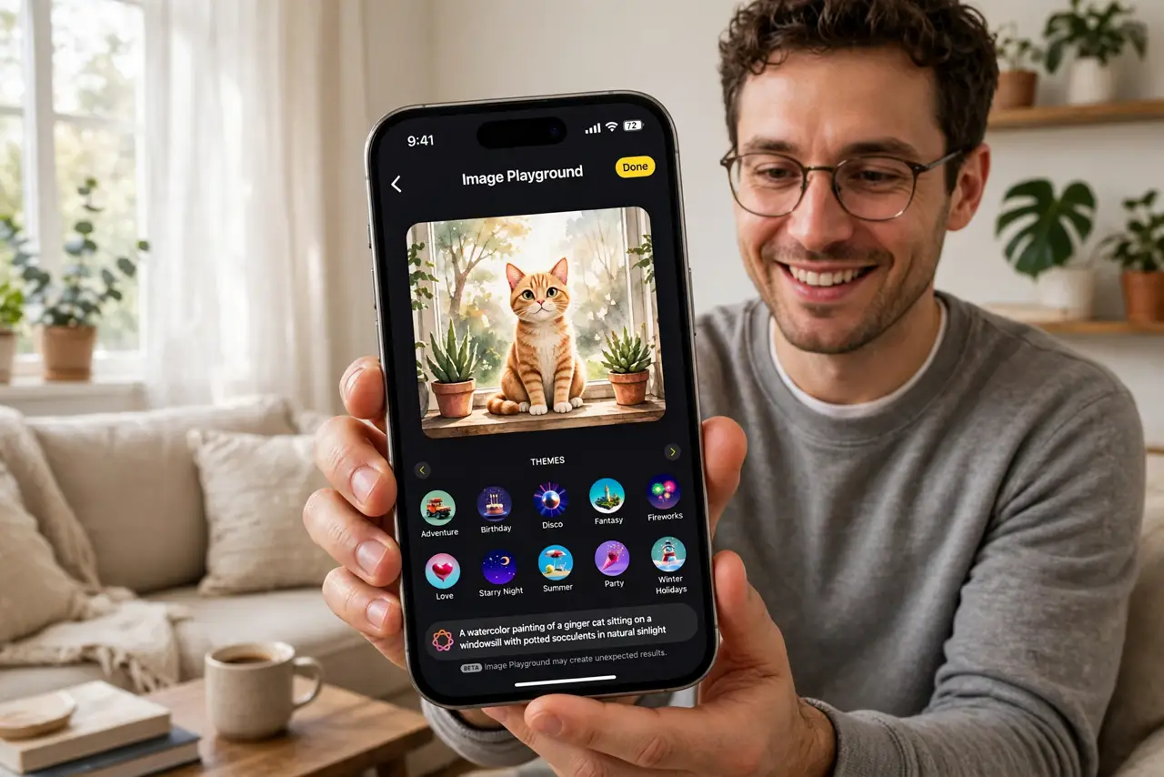 a person holding a real iPhone showing the Image Playground app with a generated illustration and legible prompt, the person's face delighted, living room.