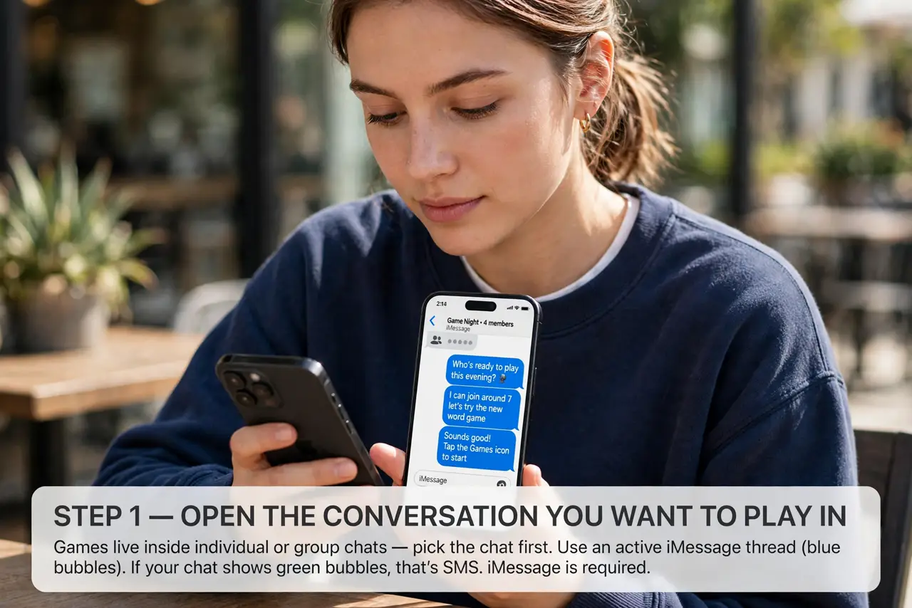 A person performing the first step of the guide: Open the conversation you want to play in.