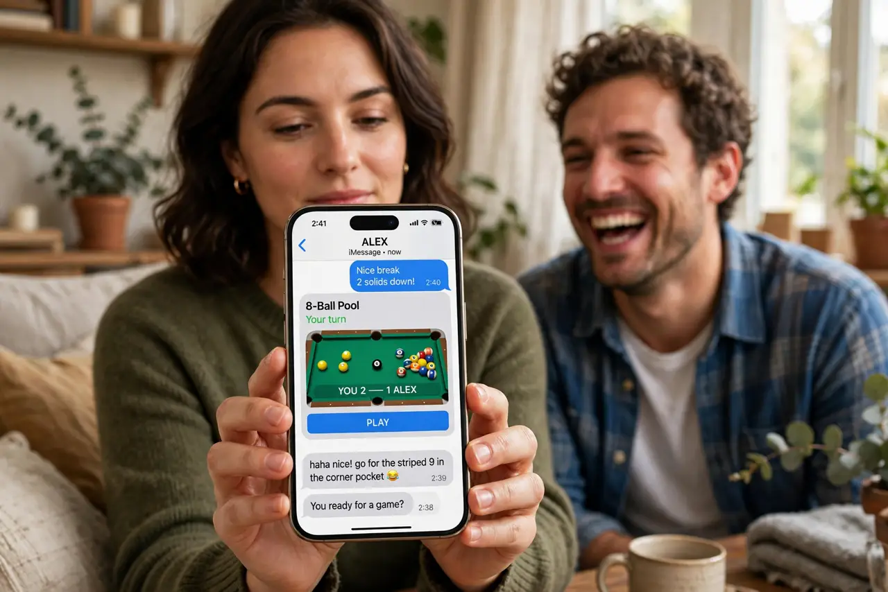 a person holding a real iPhone showing an iMessage conversation with a game of 8-ball pool in progress, the game board fully legible, a second person laughing nearby, cozy living room.