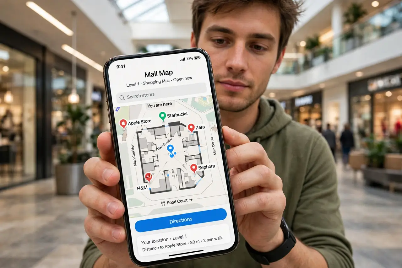 a person holding a real iPhone showing a legible indoor mall map with store pins, a shopping mall corridor visible behind them, the person's face oriented, m...