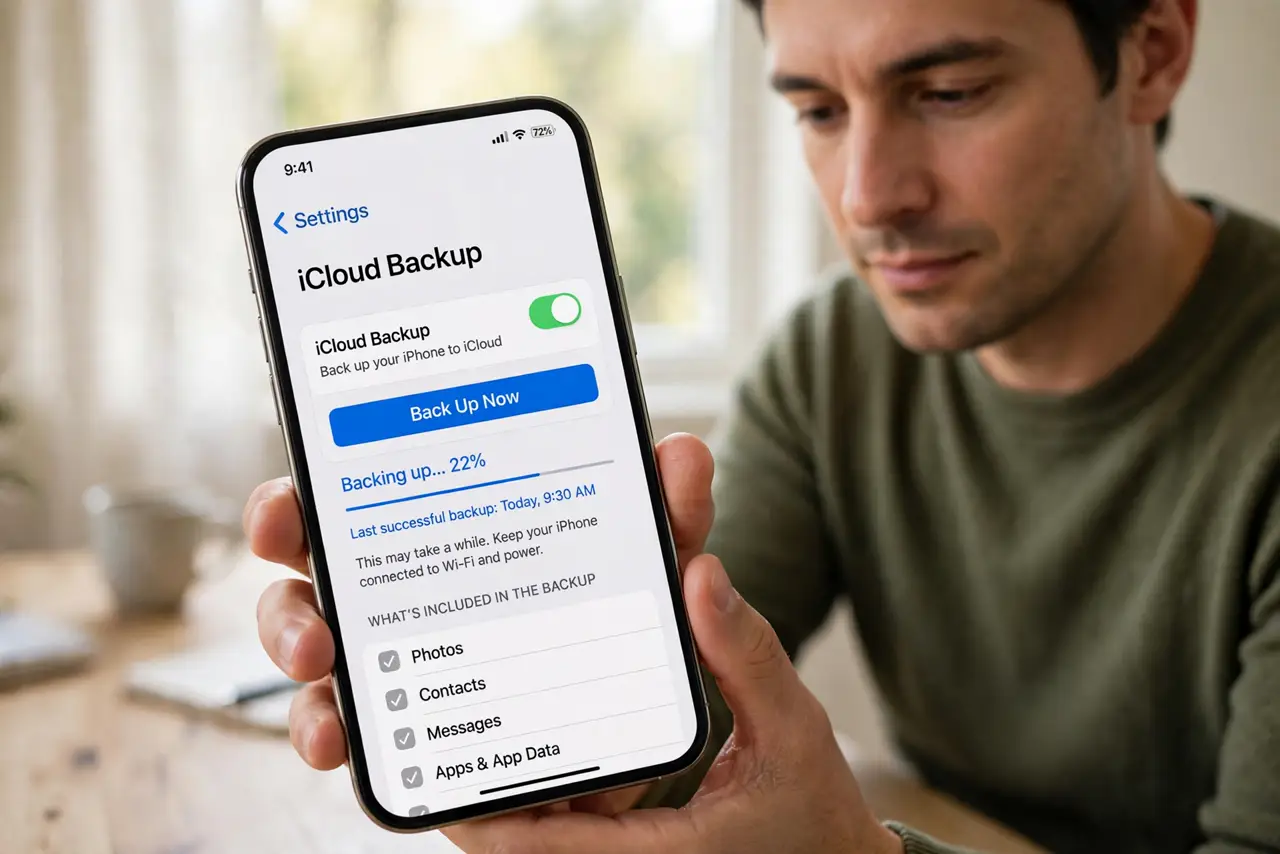 A person performing the first step of the guide: Back up the iPhone first.