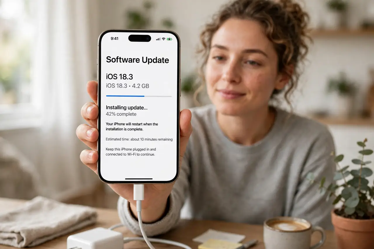 a person holding a real iPhone showing the Software Update screen with legible progress text, the phone plugged into a charger on a desk, the person's face relaxed, home setting.