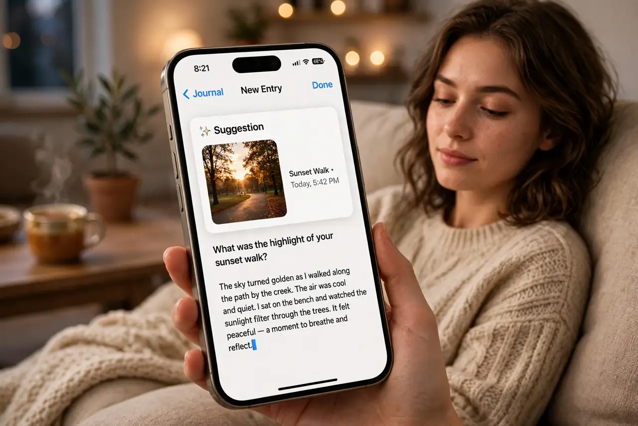 A person writing in the real Journal app on a real iPhone, a journaling suggestion card with a photo fully legible on screen, the person relaxed on a couch in the evening, face calm and reflective.