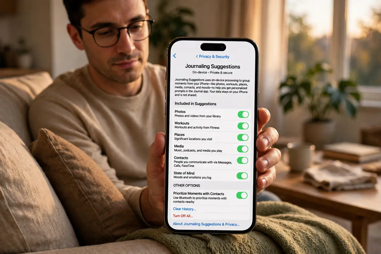 Photoreal photo of a person performing the first step: Understand the suggestions first. Journal suggests entries based on recent photos, workouts,...