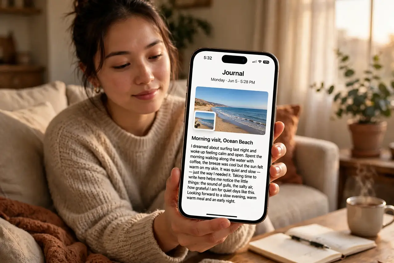 Photoreal photo: a person holding a real iPhone showing the Journal app with a real journal entry open and legible text, the person sitting on a couch in warm evening light, face calm and reflective. No black scree...