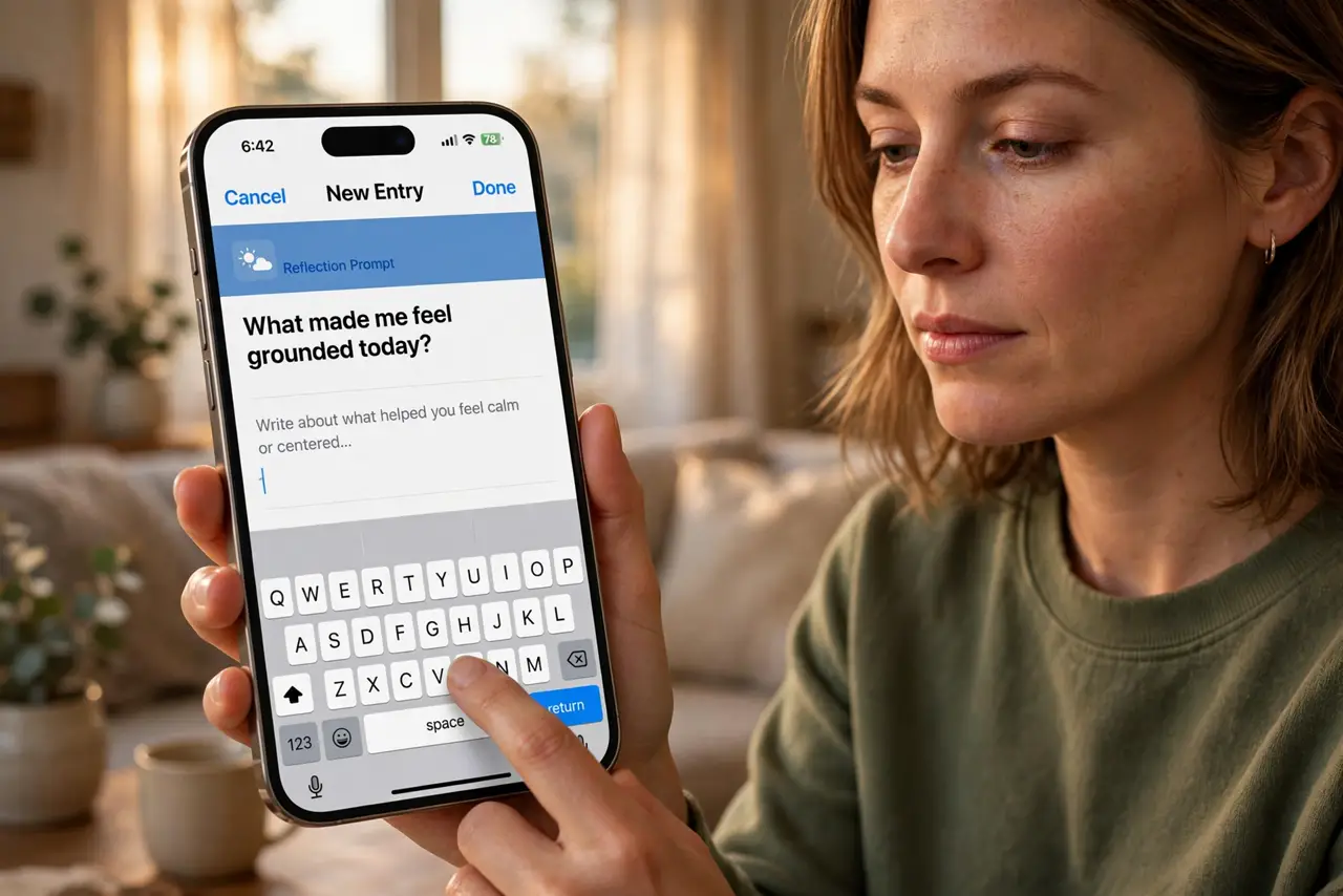 a person holding a real iPhone showing a journal app with a reflection prompt question legible on screen, thumb ready to type, the person's face thoughtful, ...