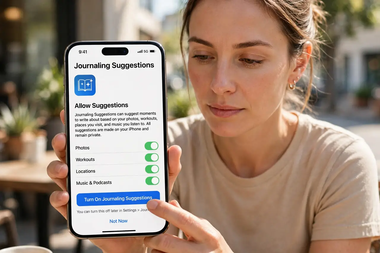 A person calmly performing the guide's first step: Open the Journal app and allow suggestions.