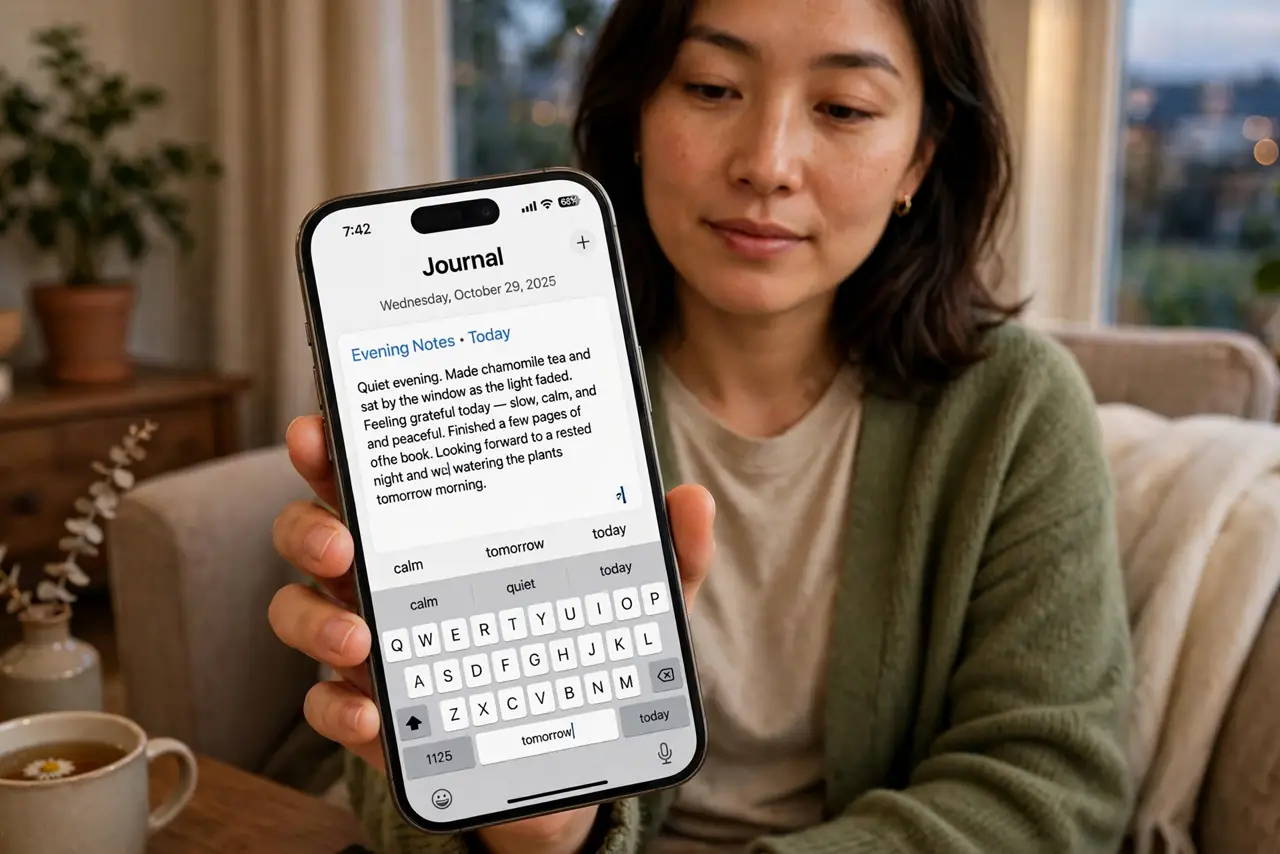 a person holding a real iPhone showing the Journal app with a daily entry being written, the person seated comfortably at home in the evening, face calm and reflective. No black sc.