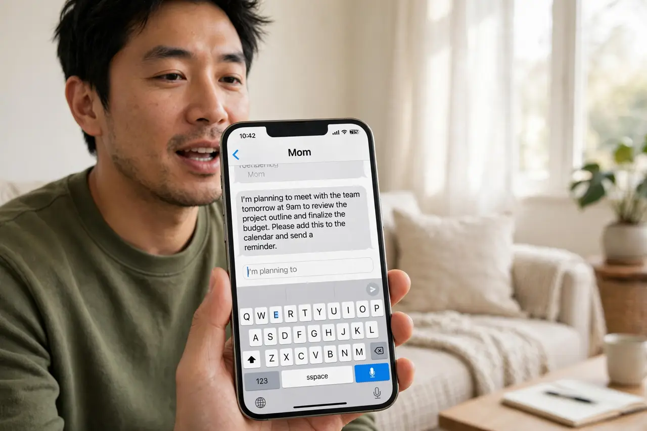 A person dictating into a real iPhone with the microphone key highlighted and transcribed text legible on screen, the person's face relaxed, bright living room.