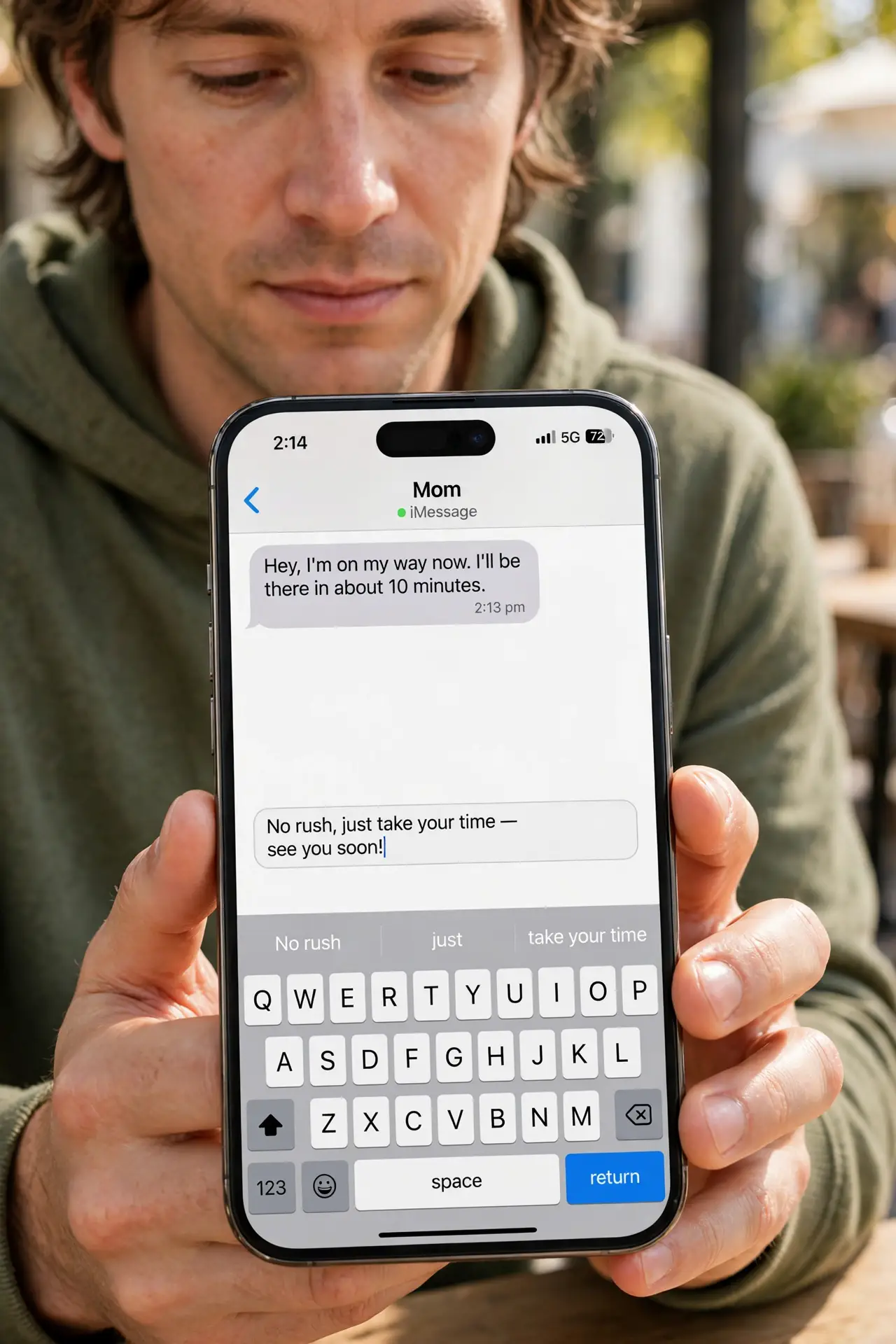 a relaxed adult holding a real iPhone with both hands, the on-screen keyboard visible complete and legible, the person typing a message calmly.