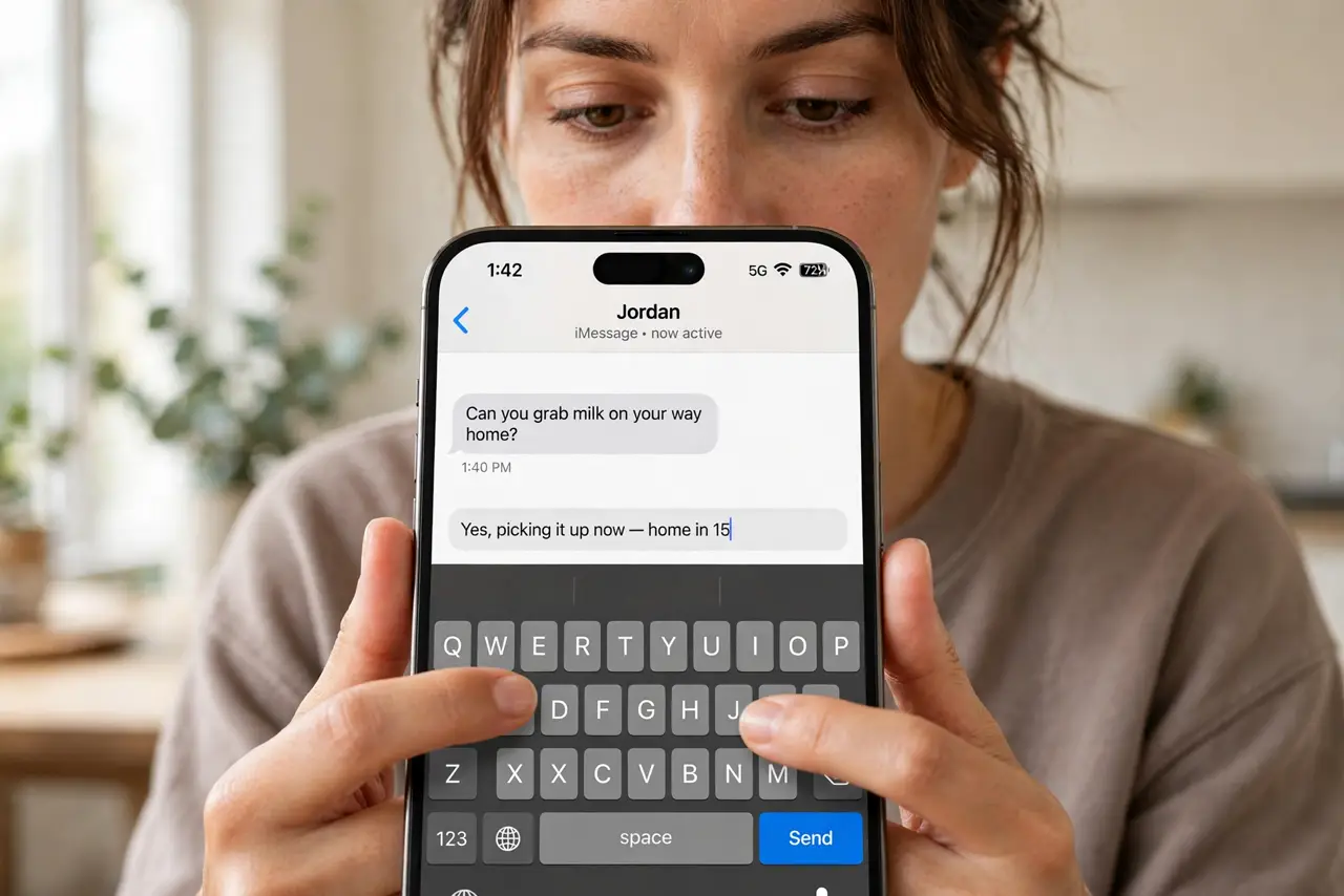 A person's thumbs typing on a real iPhone showing the keyboard with legible keys, the person's face focused, close-up, bright indoor light.