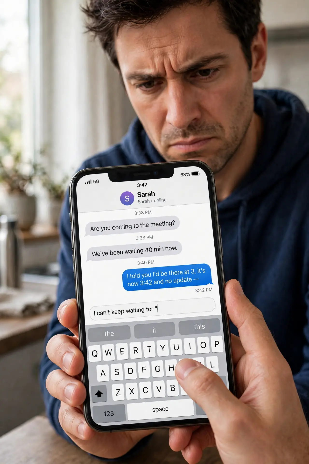 iPhone Keyboard Lags When Typing — a frustrated adult typing on a real iPhone showing a messaging app with half-typed text in fully legible chara