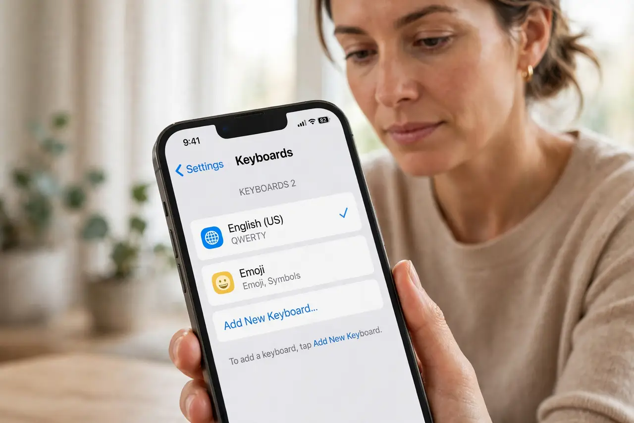 Person performing step 1: Check the keyboard list. Open Settings, then General, then Keyboard, then Keyboards, and look at the list. Every keyboard there is one...