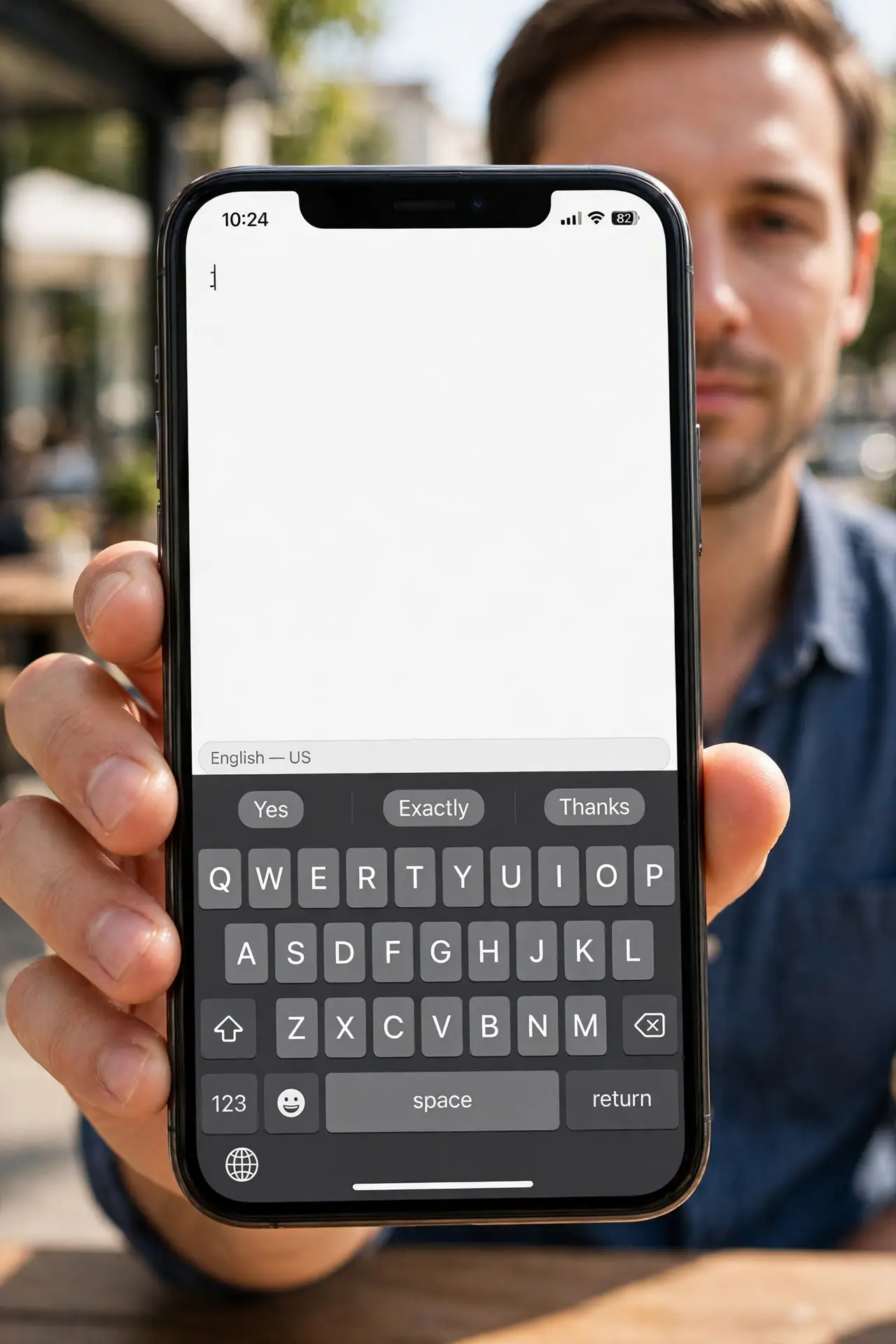 Photorealistic photo: A calm adult holding an iPhone toward the viewer, the real iPhone screen showing the keyboard with the globe key and language indicator legible.