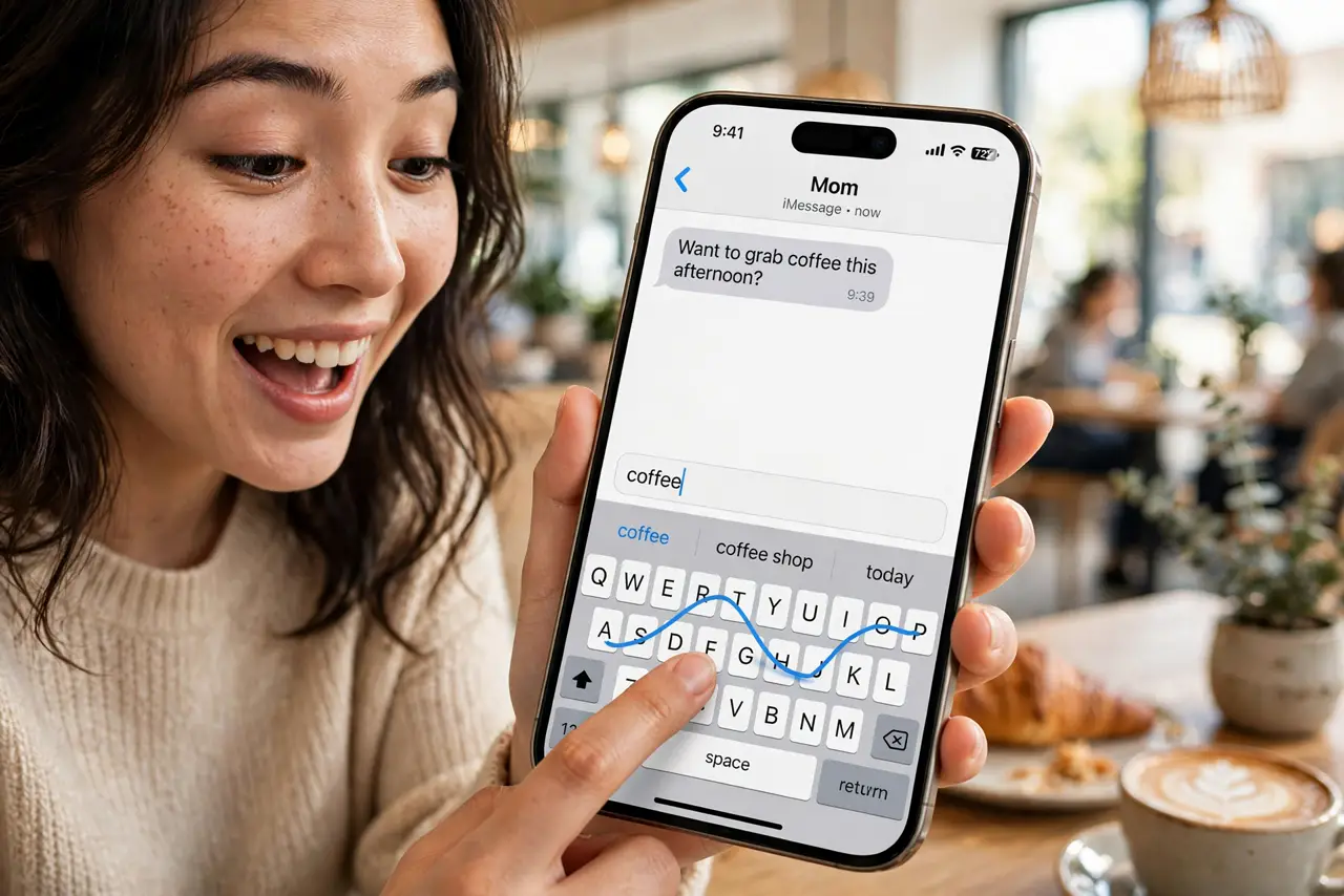 a person swiping a finger across a real iPhone keyboard with the glide trail visible forming a word, the person's face pleasantly surprised, bright cafe. No black screen, no blank .