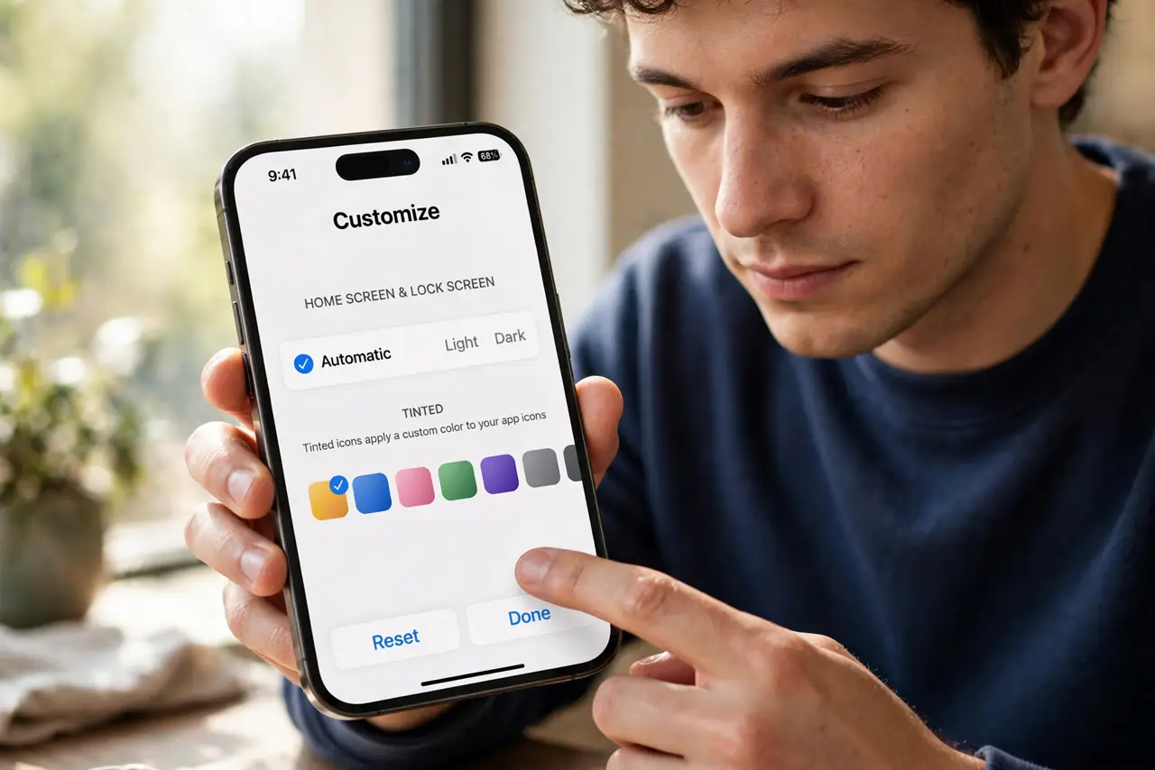 A person performing the guide's first step: Open the Customize panel. Long-press an empty area of the wallpaper until icons jiggle, tap Edit, then Customize. The same panel that holds…