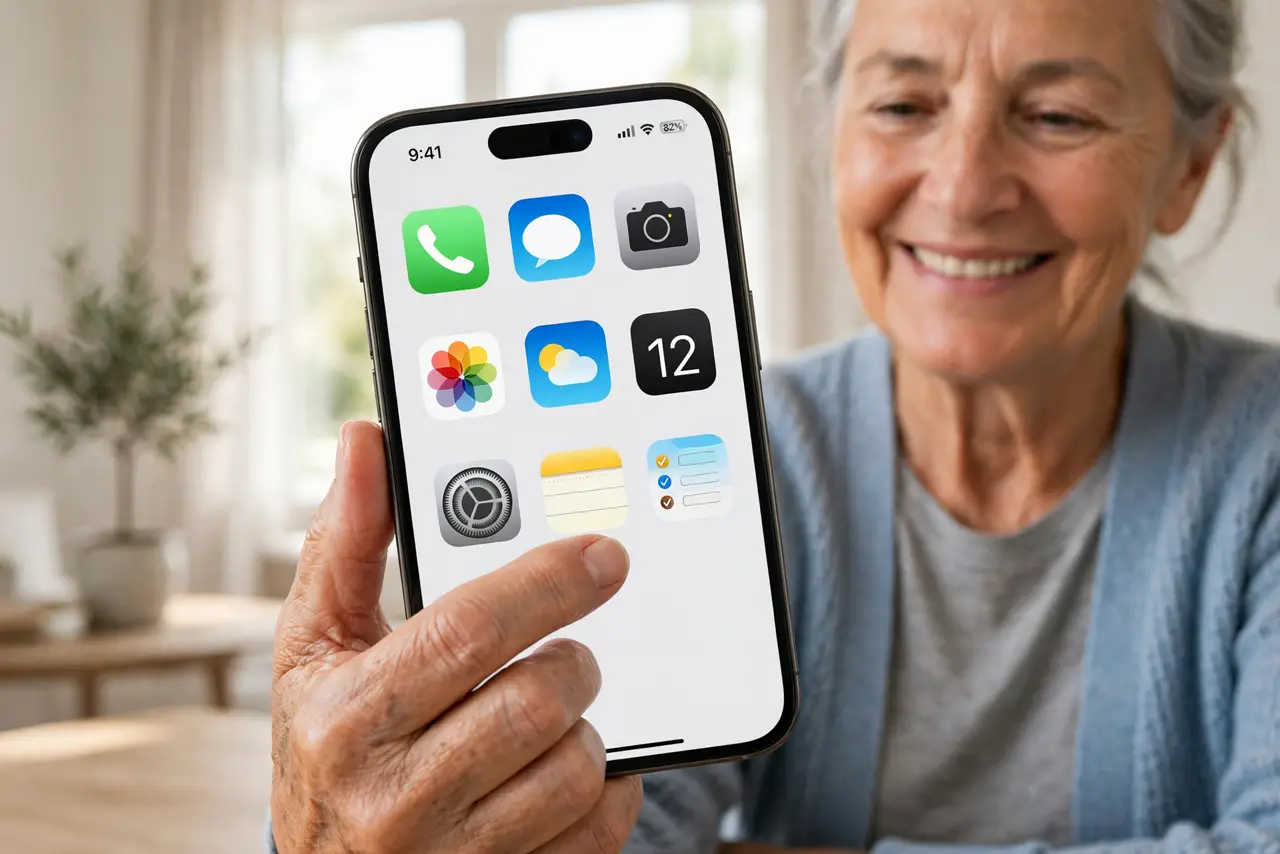 A person holding a real iPhone showing a home screen with large icons and no labels, the screen fully legible, an older adult's hand tapping comfortably, the person's face pleased, bright room.