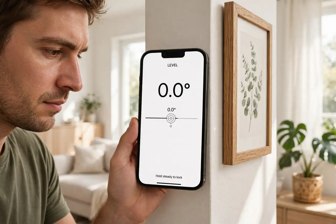 a person holding a real iPhone against a wall beside a picture frame, the phone screen showing the level tool with a legible angle reading, the person's face...