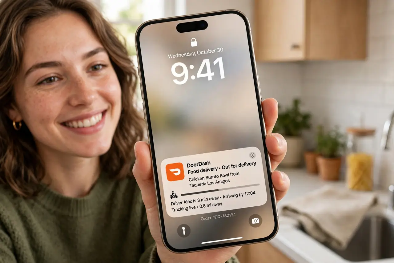 A person holding a real iPhone showing the Lock Screen with a legible Live Activity for a food delivery in progress, the person's face pleased, kitchen…