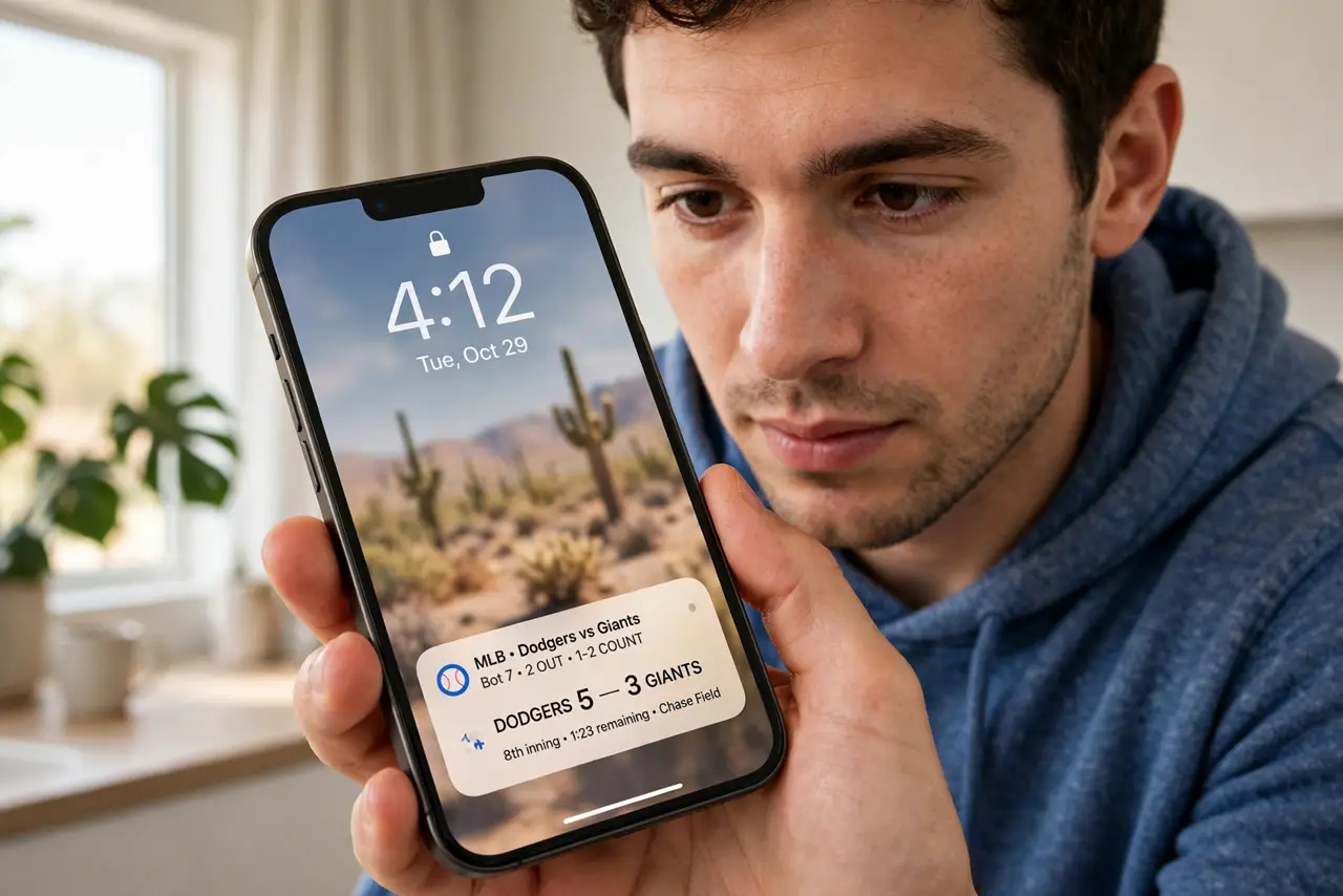 a person glancing at a real iPhone lock screen showing a legible live sports score Live Activity, the person's face engaged, bright room. No black screen, no blank white screen, no.