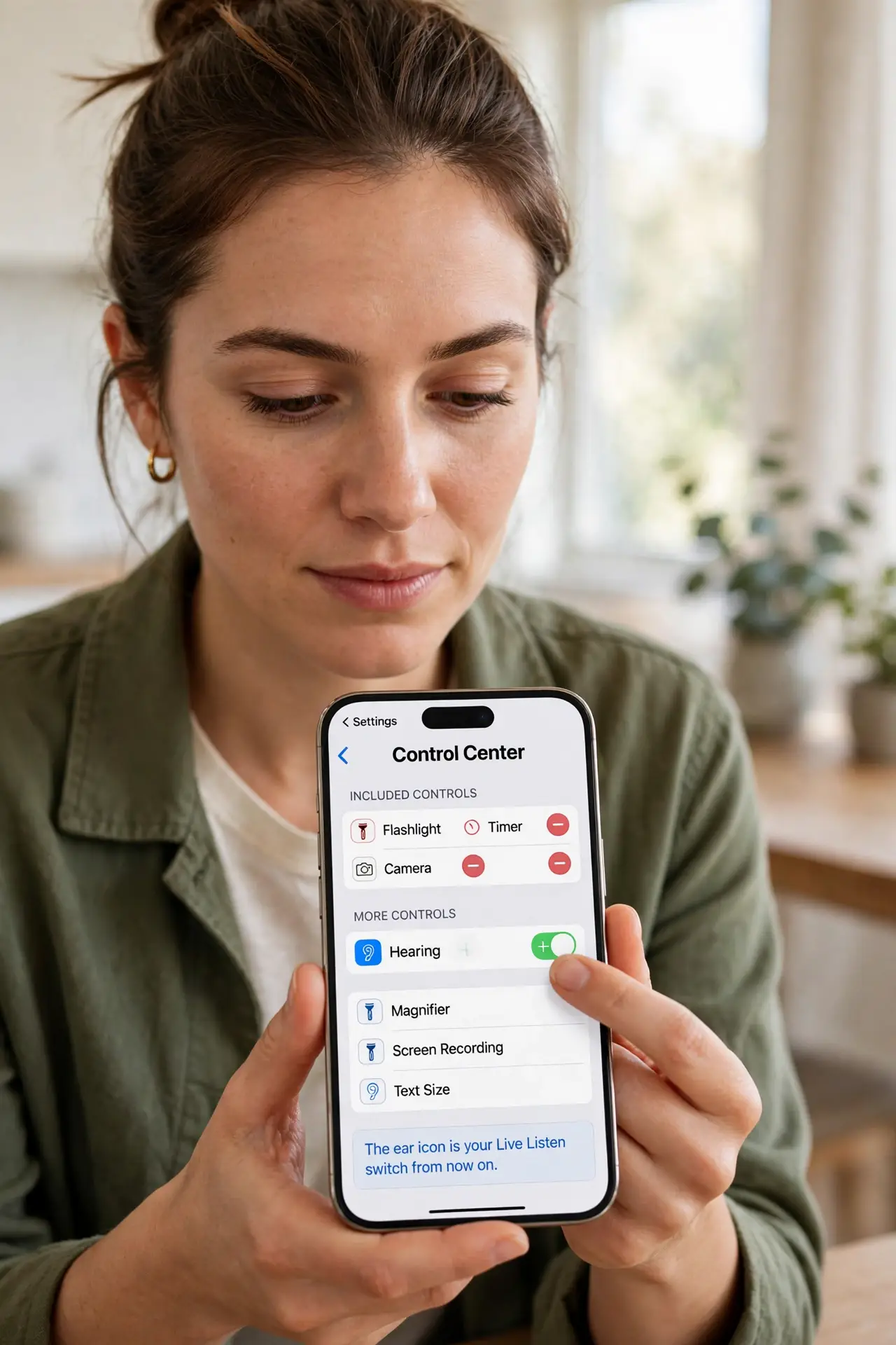 A person performing the first step of the guide: Add Hearing to Control Center.