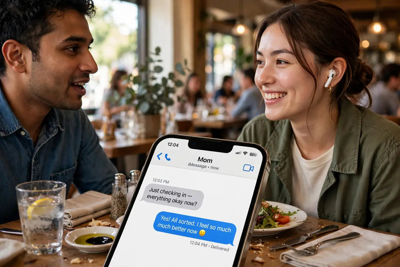 a person at a noisy restaurant table with an iPhone placed near a friend who is speaking, the person wearing real AirPods and smiling with relief, warm restaurant light.