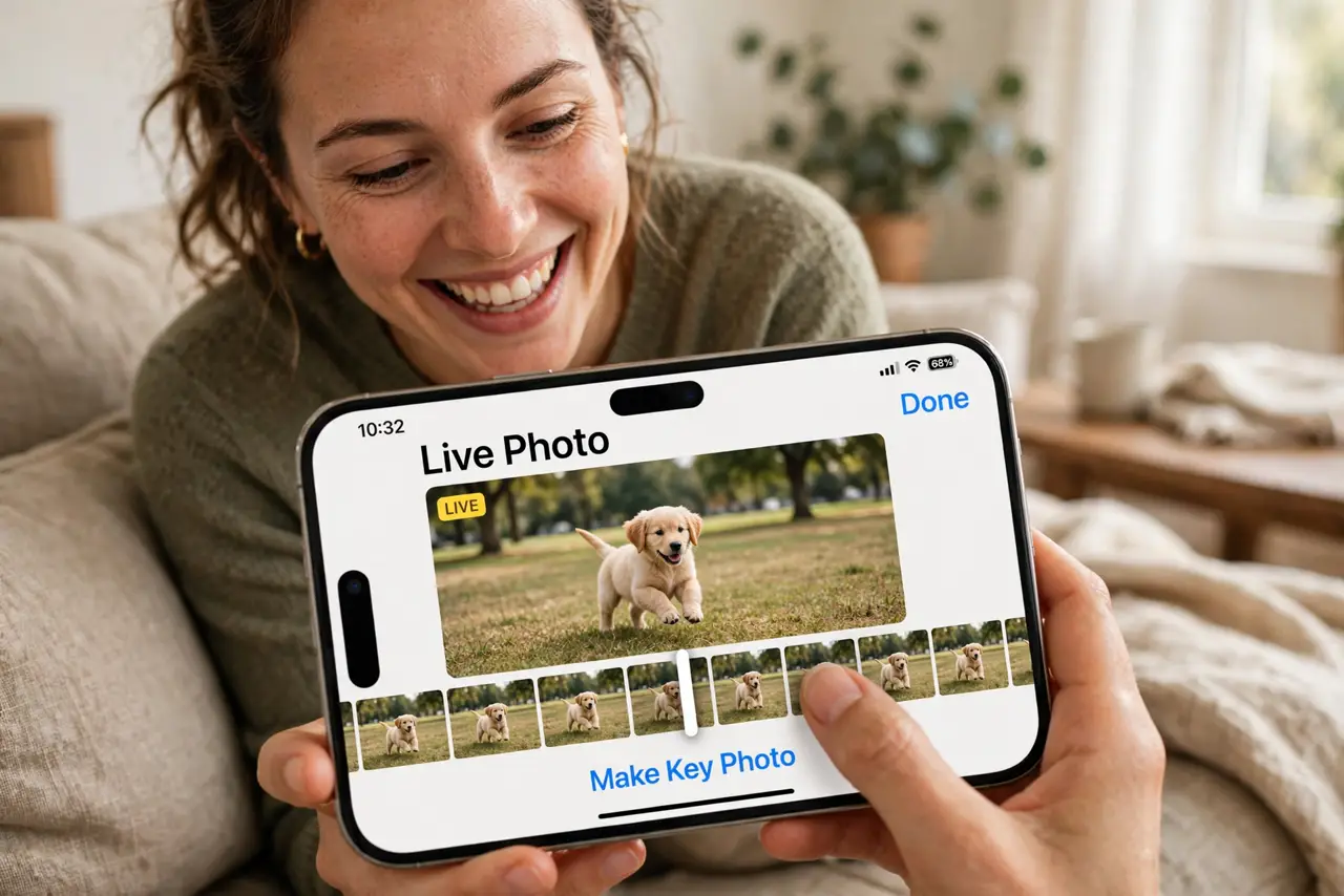 A person scrubbing through Live Photo frames on a real iPhone with the frame strip and Make Key Photo button fully legible, the person's face delighted, on a couch.