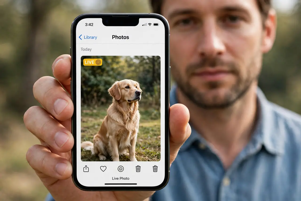 Photorealistic photo: A calm adult holding an iPhone toward the viewer, the real iPhone screen showing the Photos app with a Live Photo and the Live badge legible.