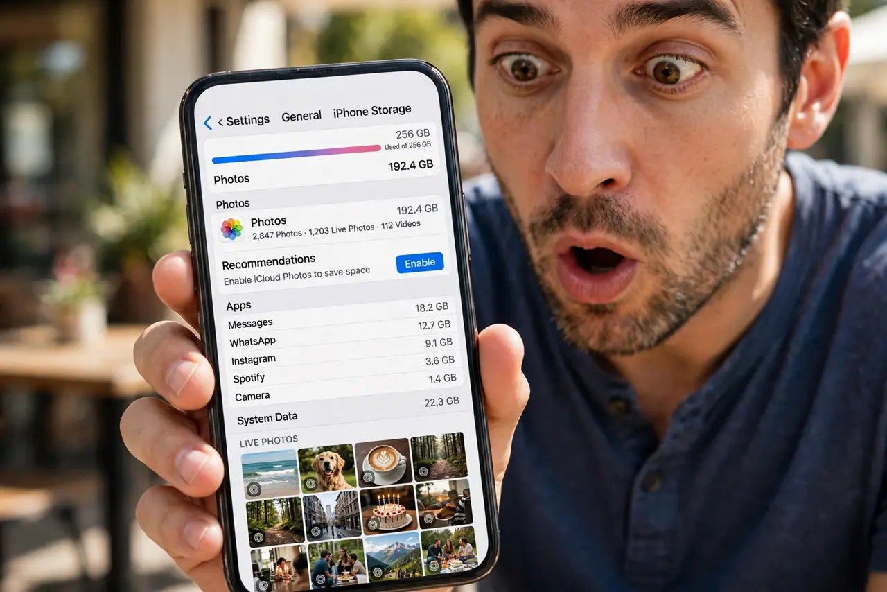 Live Photos Eat Too Much Space — a surprised adult looking at iPhone storage settings showing Photos taking huge space with fully legible text,