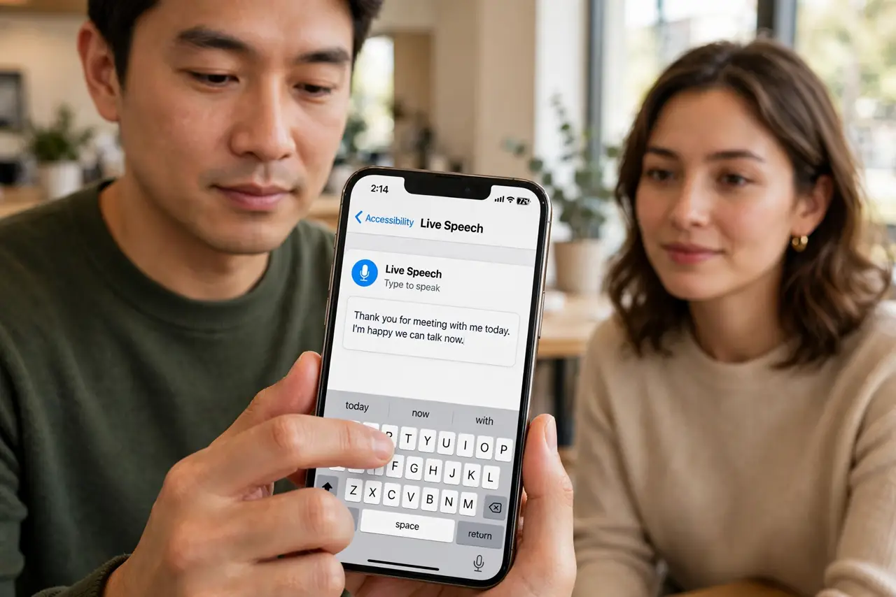 a person typing into Live Speech on a real iPhone with the spoken phrase legible, another person listening nearby, the person's face calm, bright room. No black screen, no blank wh.